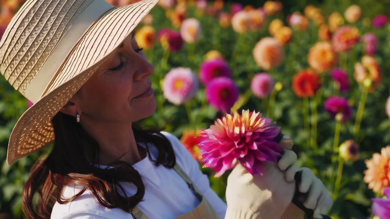 Woman picking and admiring vibrant dahlias in a sunny field