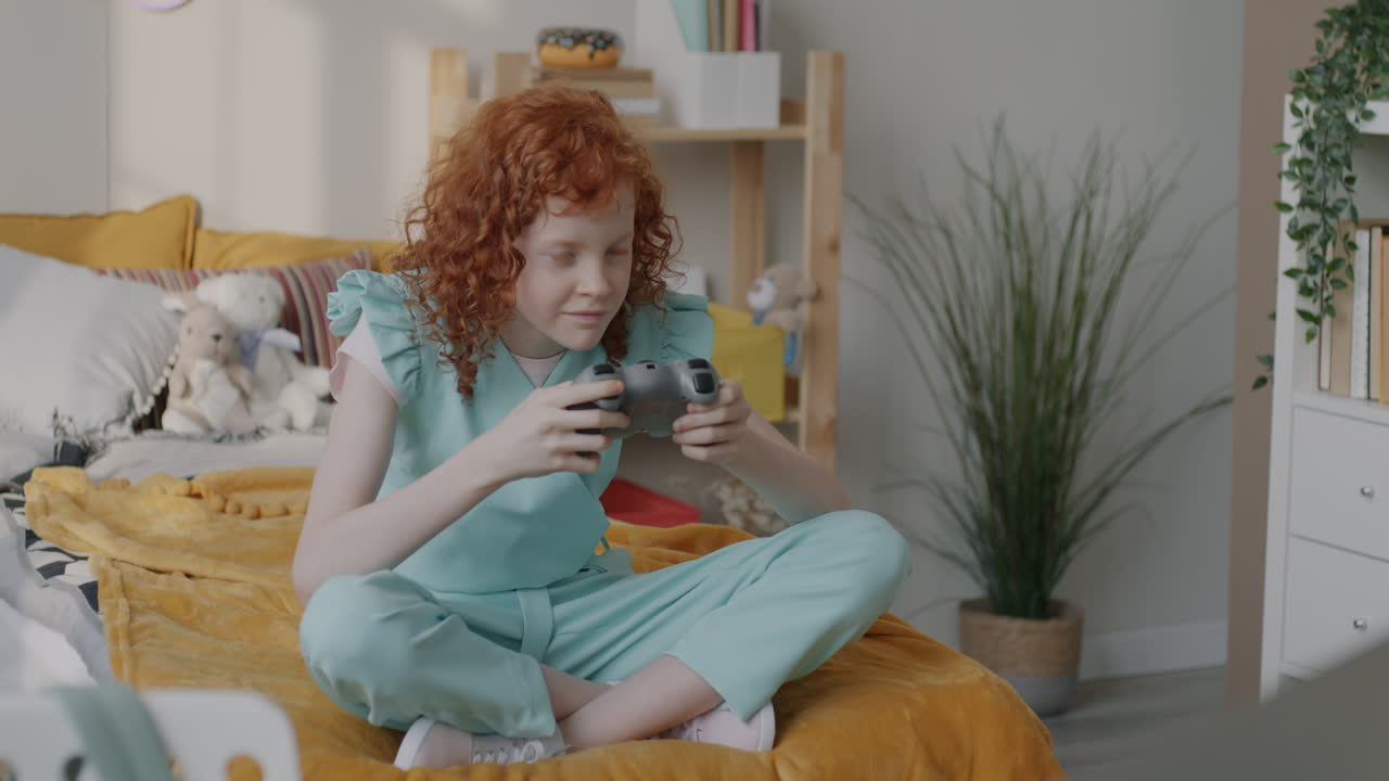 Girl Playing Video Games in Her Bedroom