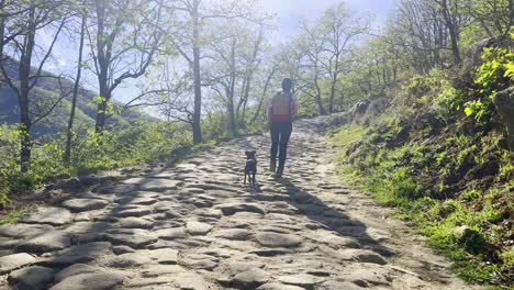 una mujer en solitario en valle del jerte, españa, tira de su perro para alcanzar el adoquín.