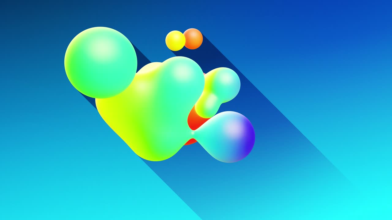 다채로운 공이나 거품은 대중적인 색상과 지하 빛을 가진 물질로 공중에 날아다니며 물방울과 같은 메타볼, 긴 그림자를 던지는 구로 융합됩니다.