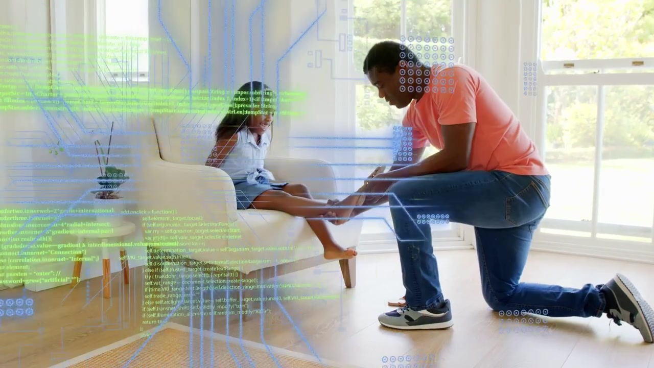 Father entering home causing child running kneeling adjusting foot for shoe as tech overlay shows
