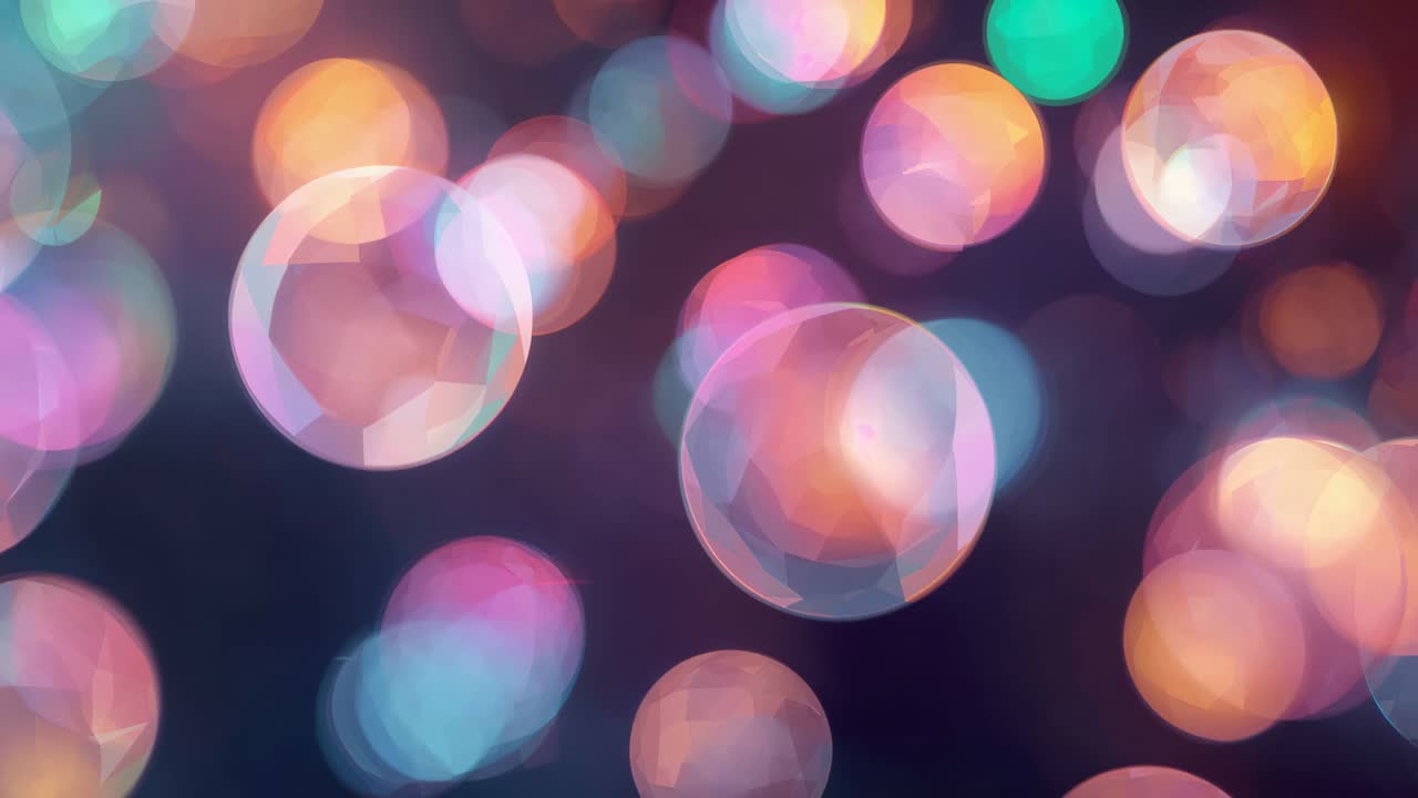 Frame one starting translucent bokeh orbs drifting over dark field, evoking calm via faceted glows