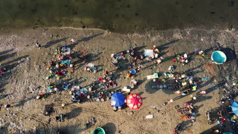 aerial birdseye static shot of life in fisherman harbor, vietnam