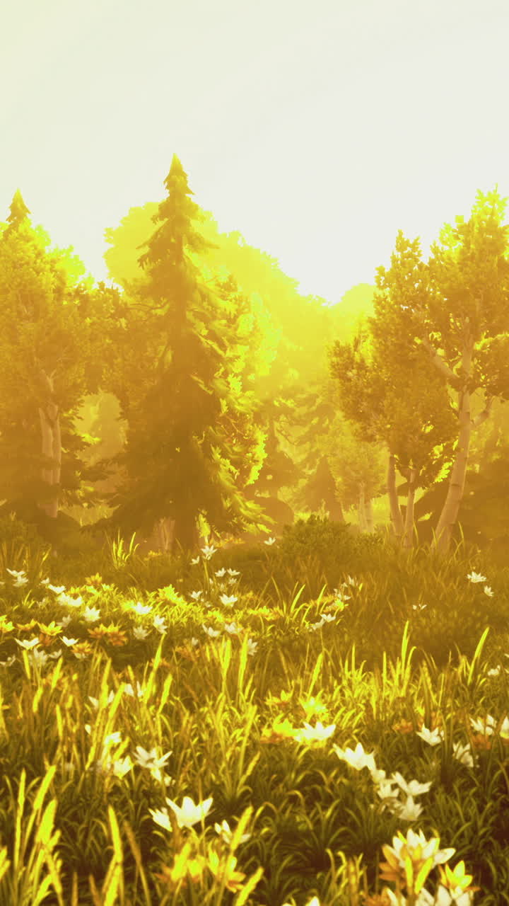 Sunlight filters through vibrant trees in a serene woodland landscape