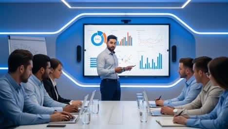 engaging business presentation in modern conference room: leader discusses data insights with professional team during strategic planning session
