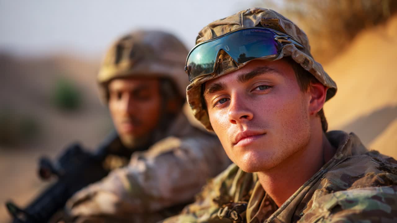 Two Soldiers in Desert Camouflage: A Study of Resilience and Camaraderie Captured in a Moment of Reflection Amidst a Harsh Environment, Showcasing Their Commitment and Brotherhood in Service