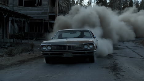 classic car kicking up a large dust cloud on a desolate road
