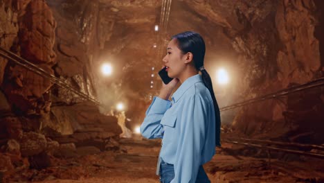 side view asian female in underground mine tunnel, she pick the phone up and started to specking to it with a slicely smile