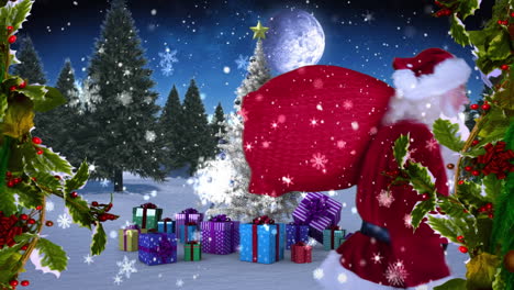 animación de nieve y santa claus con una bolsa de regalos sobre el árbol de navidad y el paisaje de invierno