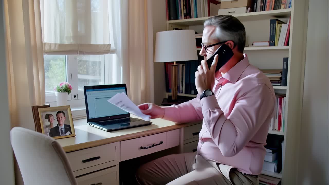 En mand sidder ved et skrivebord med en bærbar computer og et stykke papir