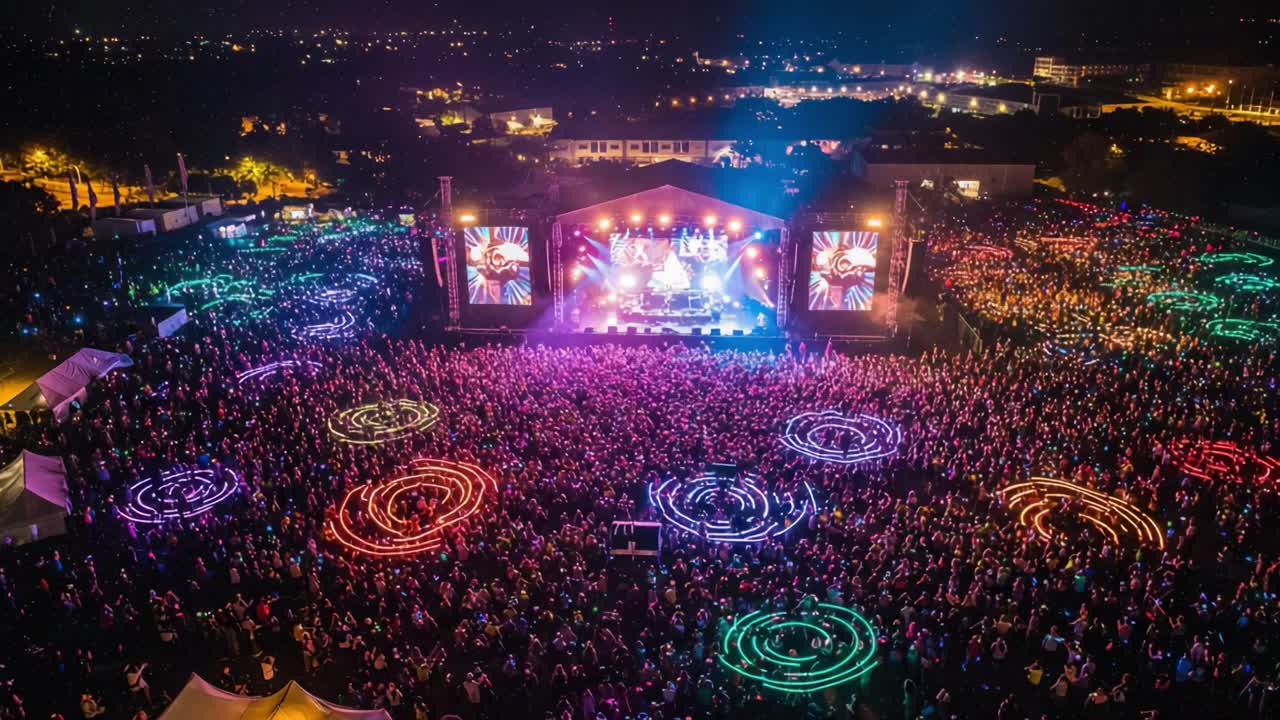 A Night of Vibrant Colors and Music: An Expansive View of a Massive Crowd at a Dynamic Outdoor Concert Under the Stars, Showcasing Energy and Excitement
