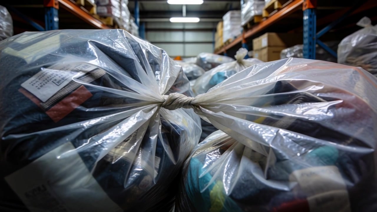 Pulling back camera revealing knotted clear bags with textiles and tags in warehouse for inventory