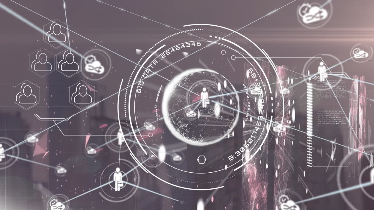 animación de la red de conexión con iconos y procesamiento de datos sobre el paisaje urbano