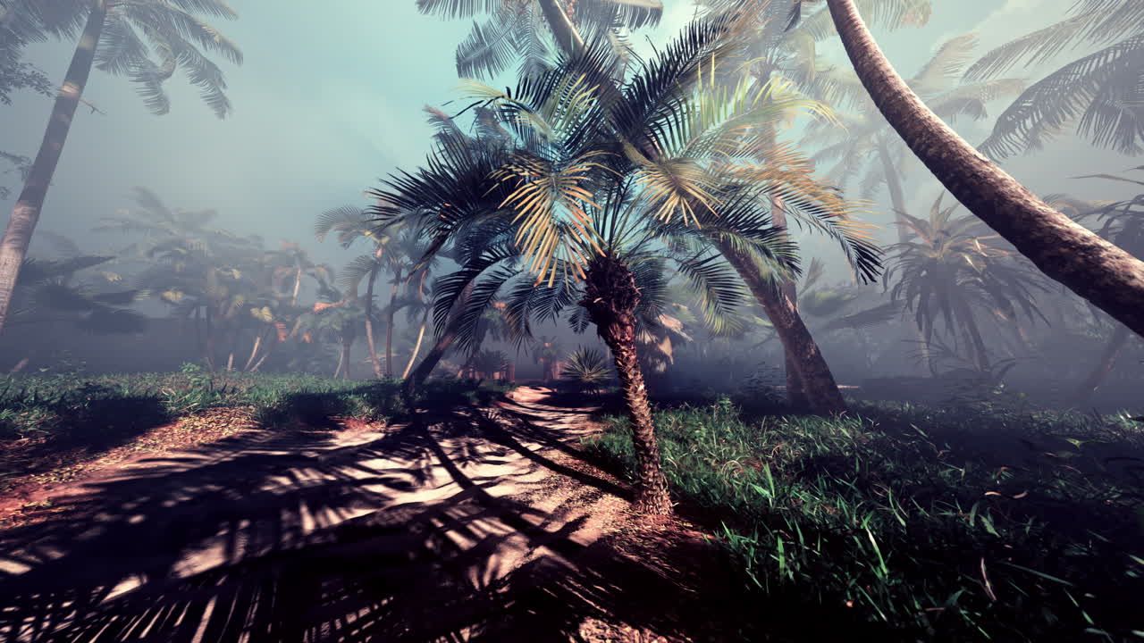 un camino a través de un exuberante bosque tropical con palmeras