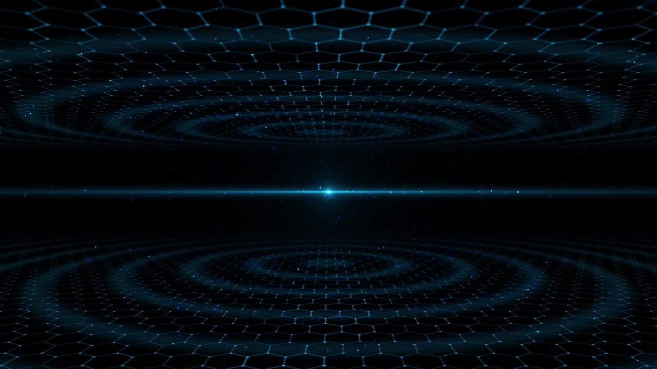 Futuristic hexagonal data space visual with blue honeycomb pattern above and below deep black center
