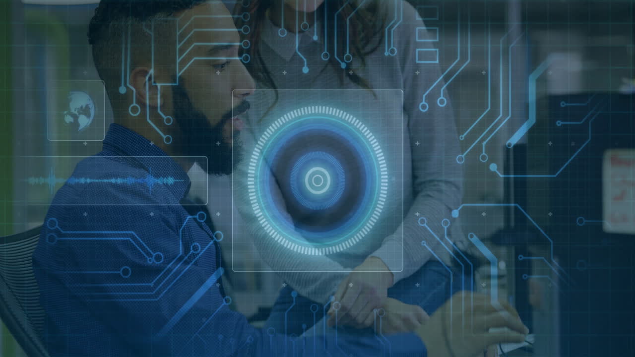 Man working on computer with digital circuit and target animation overlay