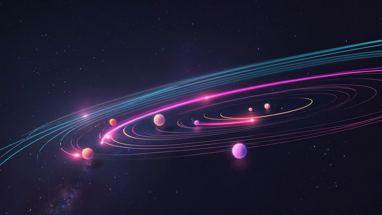 Stylized Planetary Orbits with Glowing Trails in Space