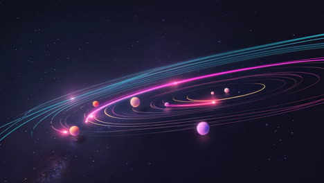 stylized planetary orbits with glowing trails in space
