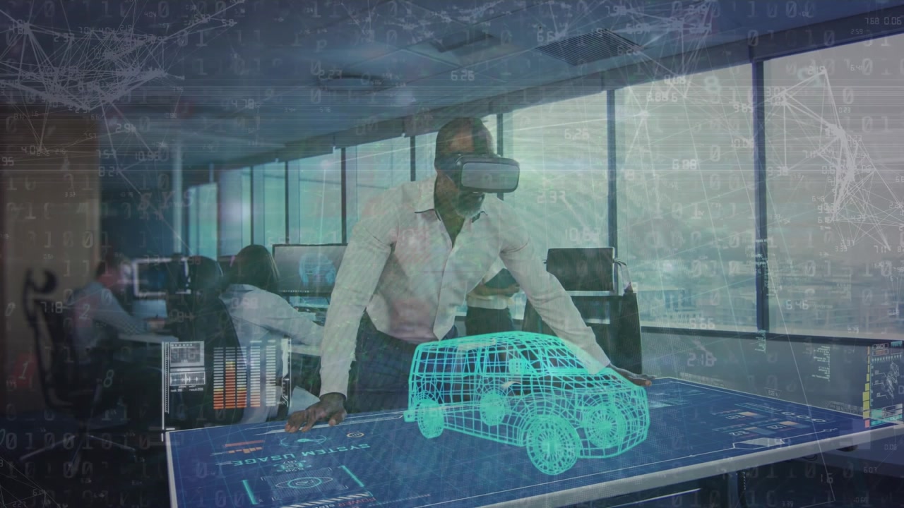 Animation of 3d van model against african american businessman wearing vr headset at office