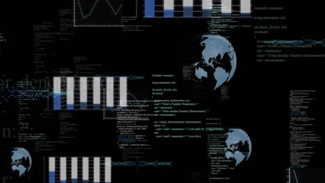 graphs, charts, and code snippets animation over rotating globe and data visualizations