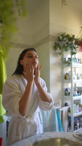 mujer aplicando máscara facial en el baño