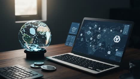 a modern workspace featuring a sleek laptop, interactive globe, and dynamic digital display revolutionizing data visualization and geographic exploration