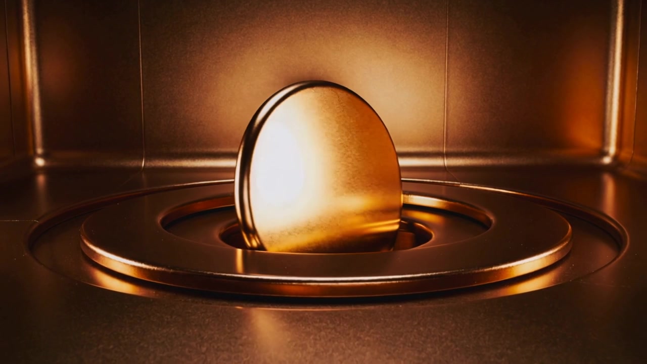 Rising shiny golden object as aperture opening, reshaping into loop then flattening on ringed stage