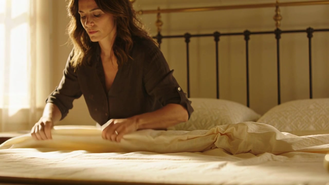 Una donna in camicetta che sistema il letto, mentre la luce del sole filtra dalle tende e illumina una testiera in ottone.