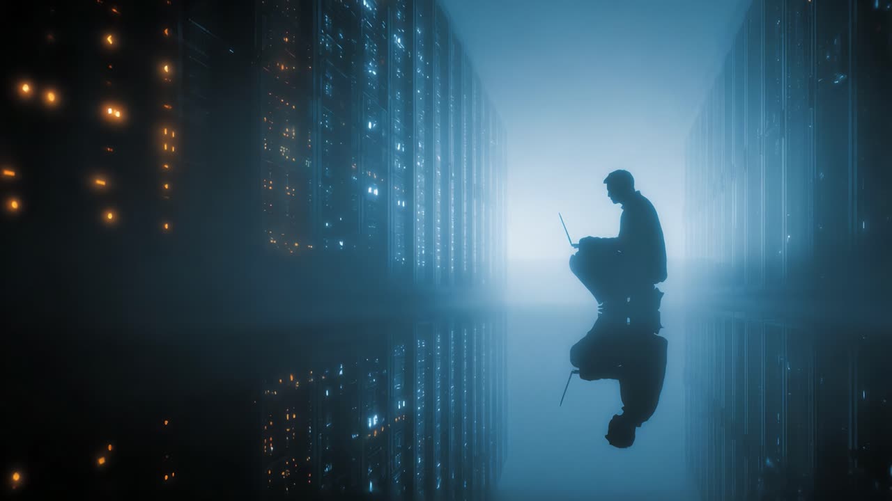 A solitary figure immersed in a digital realm, reflecting on the interplay of light and shadow within a massive data center, encapsulating the essence of technology and solitude
