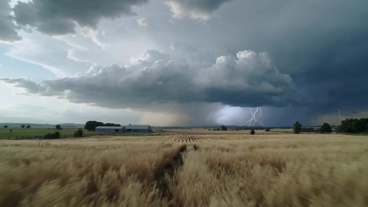 Moving vehicle camera documenting supercell over wheat field with tractor tracks lightning flashing