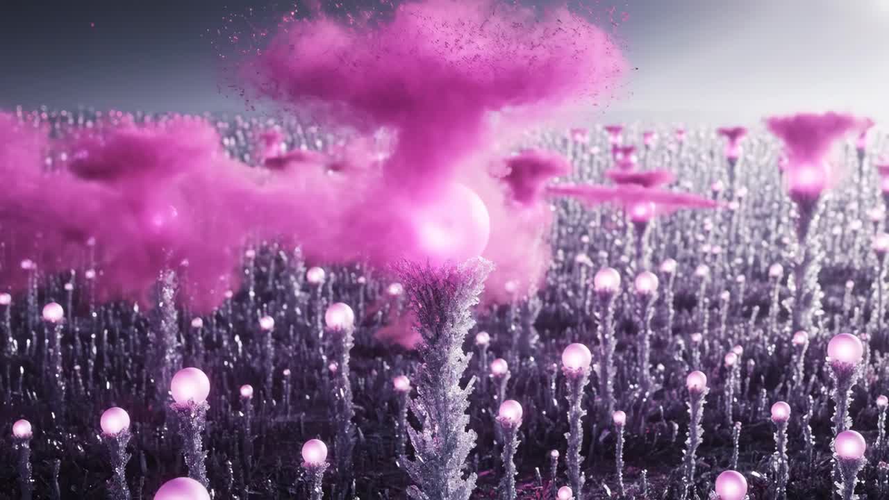 Surreal Landscape with Glowing Flowers and Pink Smoke