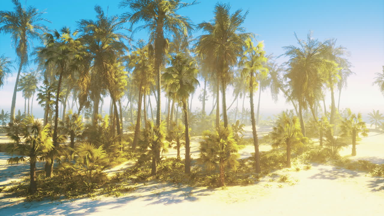 Lush palm trees sway gently in a tropical beach paradise at sunrise