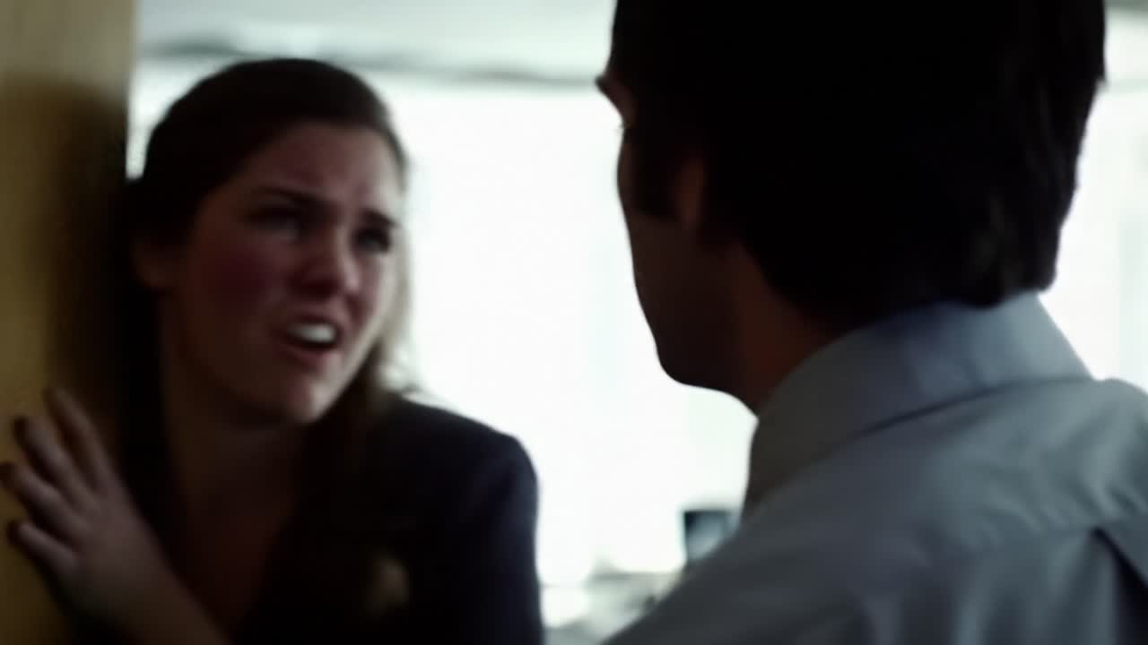 A heated discussion unfolds between two coworkers in a contemporary office. Emotions run high as they confront each other about pressing workplace issues, creating a charged atmosphere.