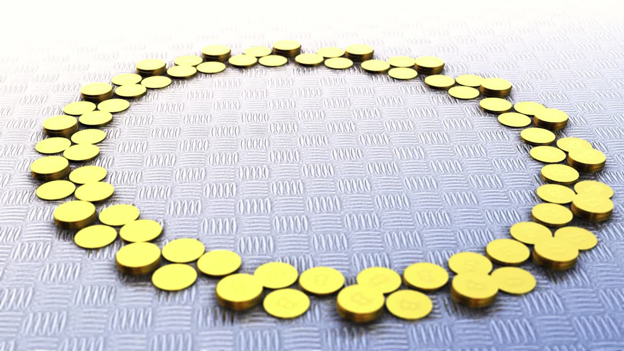 bitcoins en círculo con movimiento de cámara giratoria, moneda criptográfica, moneda btc, concepto de negocios y tecnología, 4k de alta calidad, renderización 3d.