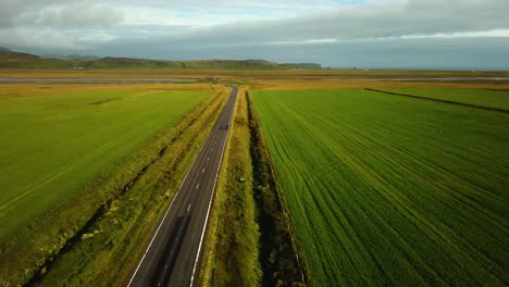 Luftlandschaftsansicht-Einer-Geraden-Asphaltstraße,-Die-Hellgrüne-Felder-überquert,-In-Island