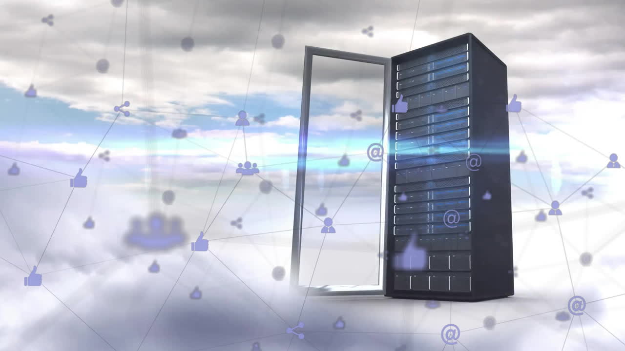 rack de servidor con puerta abierta, animación de red de computación en la nube sobre el fondo del cielo