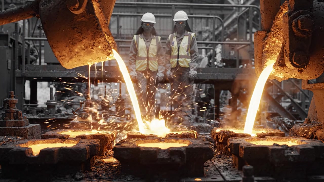 Trabalhadores com equipamento de segurança derramam metal fundido em uma fundição industrial, demonstrando habilidade artesanal e precisão em processos de metalurgia de alta temperatura.