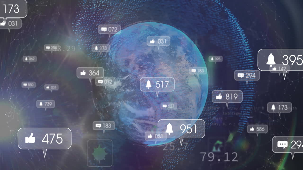 animación de múltiples iconos, barras de notificación sobre puntos alrededor del globo contra un fondo abstracto