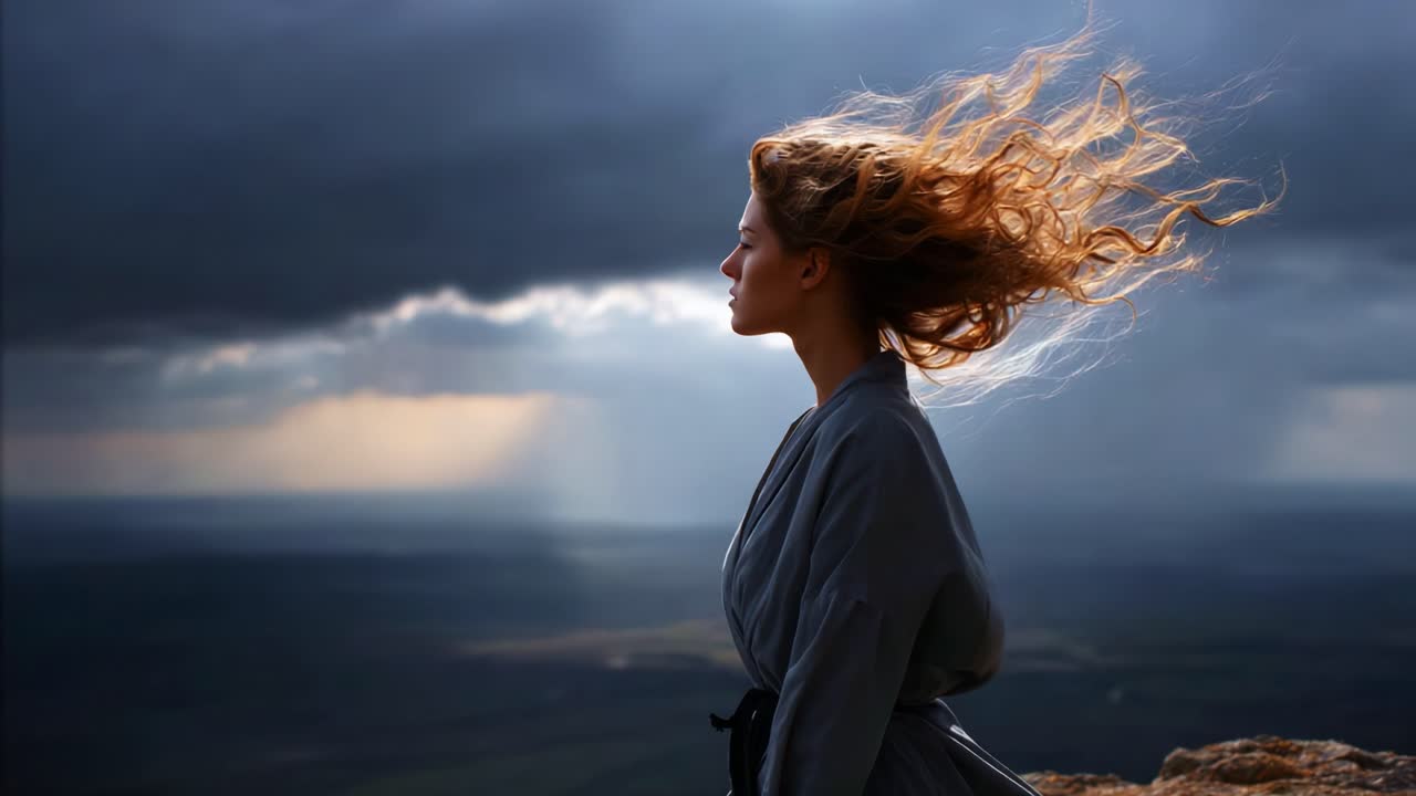 A woman stands on a mountain, her hair flowing in the wind as dark clouds loom overhead, capturing a moment of tranquility amidst a stormy landscape, reflecting strength and resilience