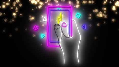 digital animation of neon hand holding smartphone icon against shining stars on black background