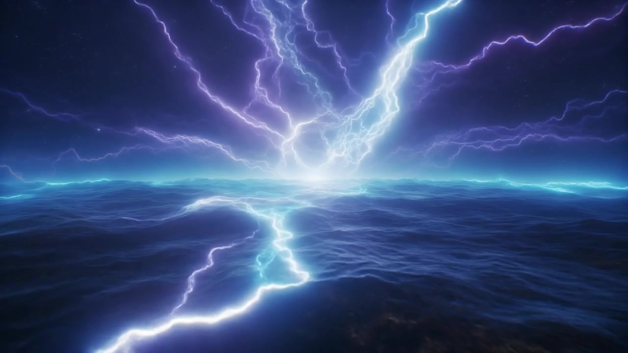 Intensa tempesta di fulmini su onde oceaniche scure di notte