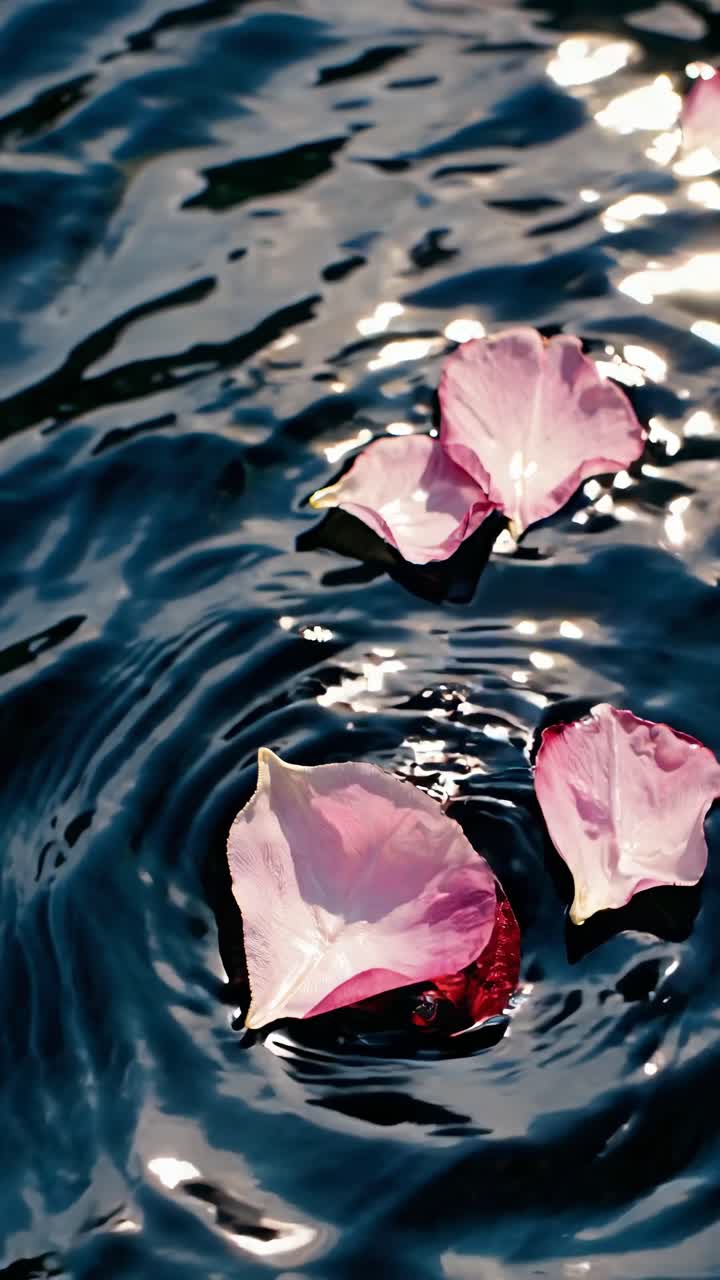 Vista aerea di petali di rosa rosa che galleggiano su acqua scintillante, catturando un’atmosfera serena e riflessiva