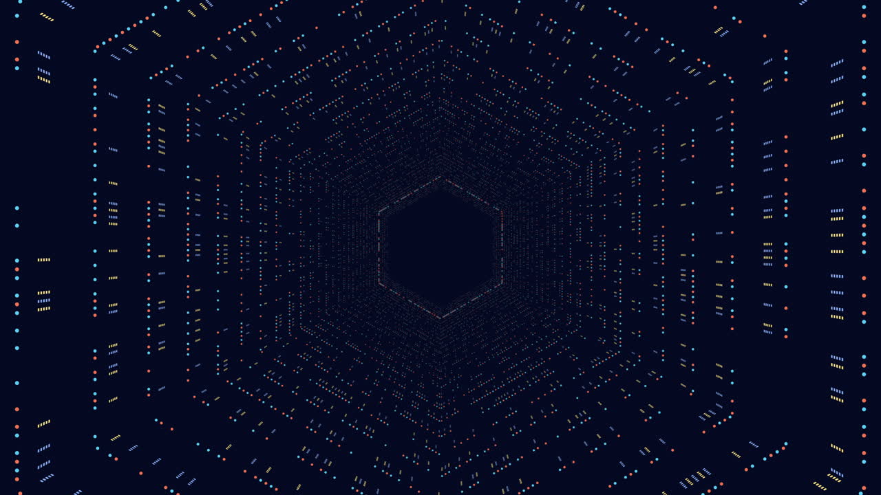 Futuristic hexagons with neon dots and lines in vertigo on dark gradient