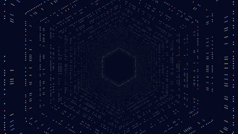 Futuristic hexagons with neon dots and lines in vertigo on dark gradient