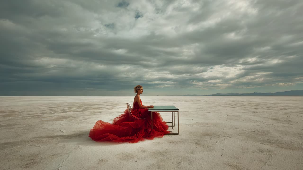 A solitary figure clad in a majestic red gown stands gracefully atop a chair, surrounded by an expansive, barren landscape under a dramatic sky that invokes a sense of mystery and timeless beauty