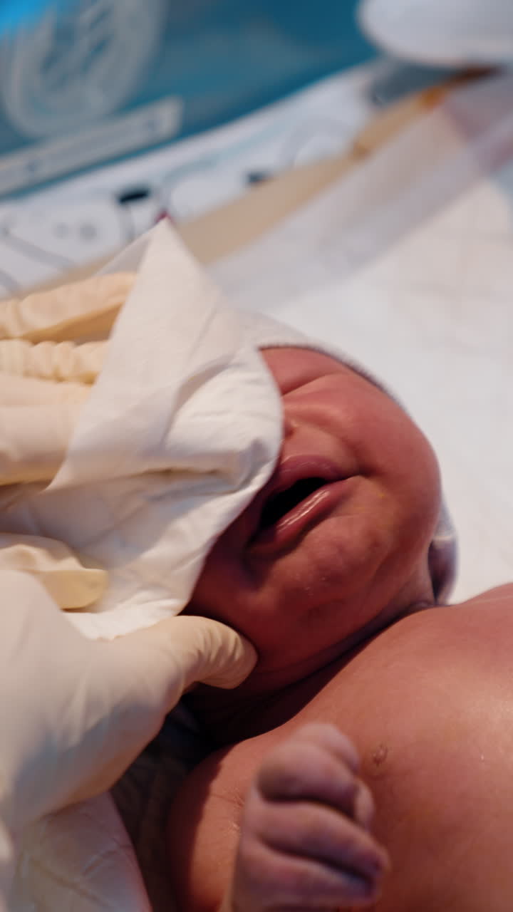 Medic's hands in latex gloves clean the face of newborn with a napkin. The doctor cutting the umbilical cord. Vertical video