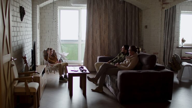 Caucasian men and boy in the living room