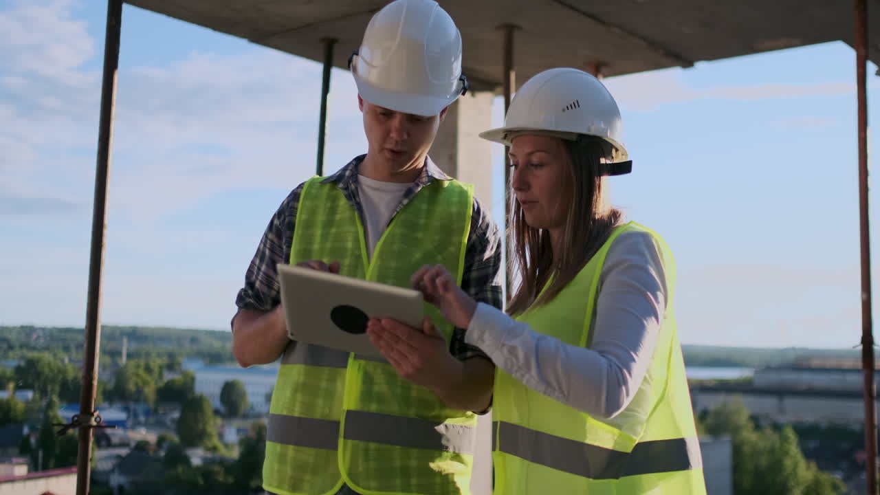 trabajador de la construcción hombre y arquitecto mujer en un casco discutir el plan de construcción de la casa hablar el uno al otro sobre el diseño sosteniendo una tableta mirar los dibujos fondo de los rayos del sol.