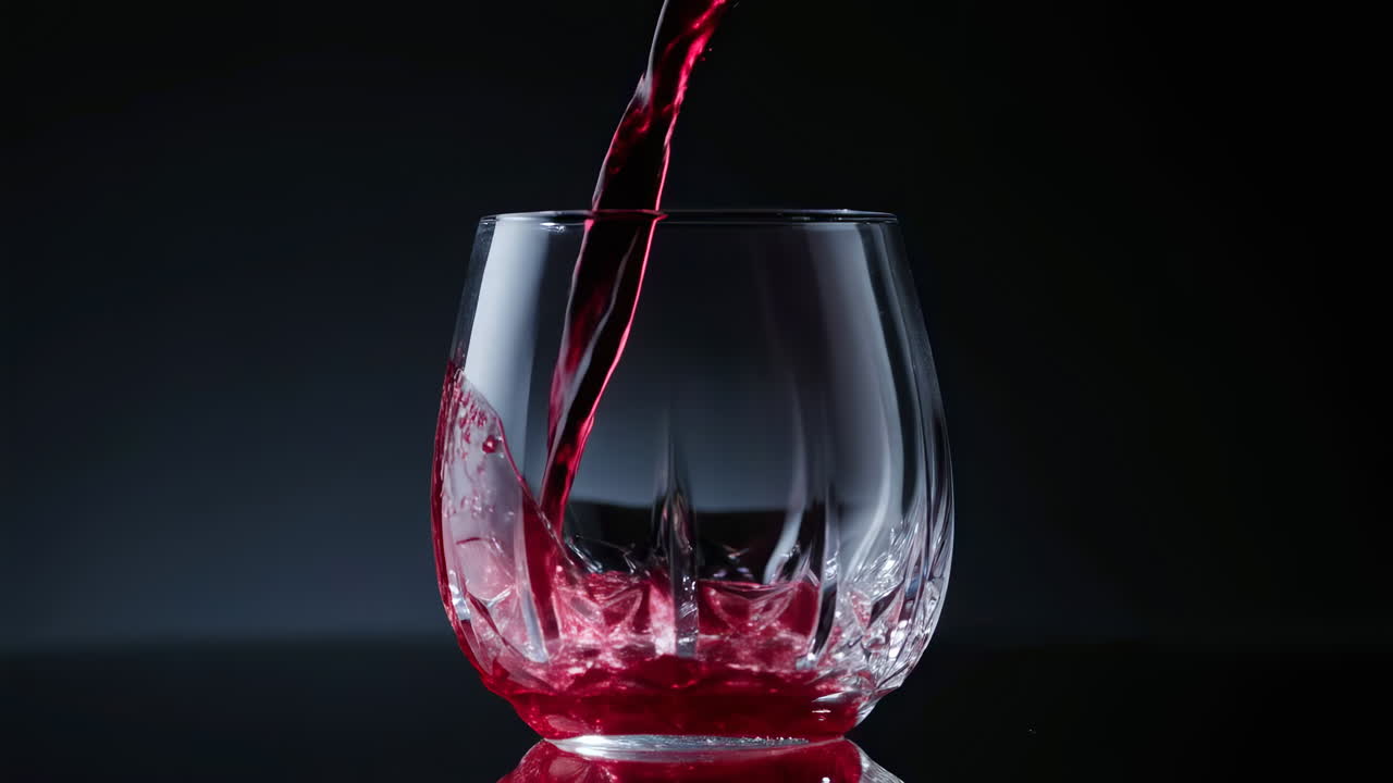 Vino rosso versato in calice di cristallo, illuminazione da studio suggestiva e ripresa al rallentatore di uno schizzo elegante