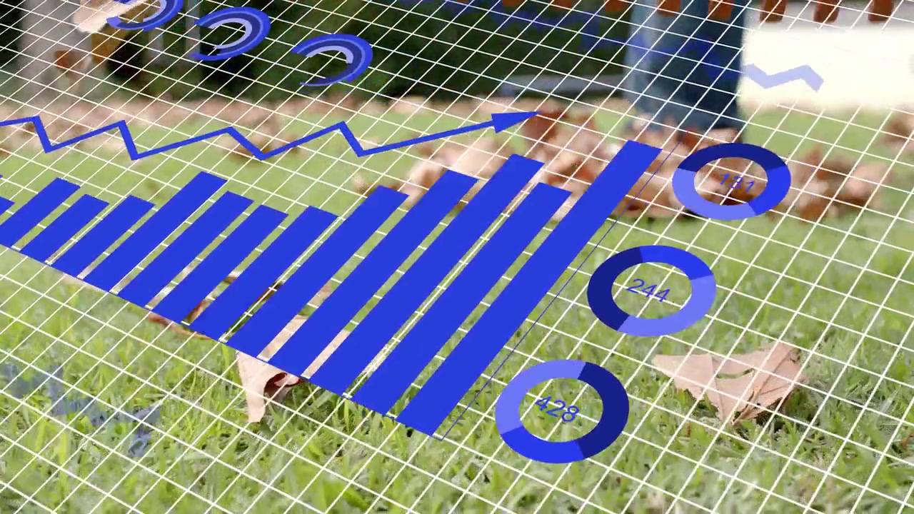 Griglia che appare e grafici blu che scorrono coprendo il rastrello mentre una donna rastrella le foglie per l'analisi del prato.